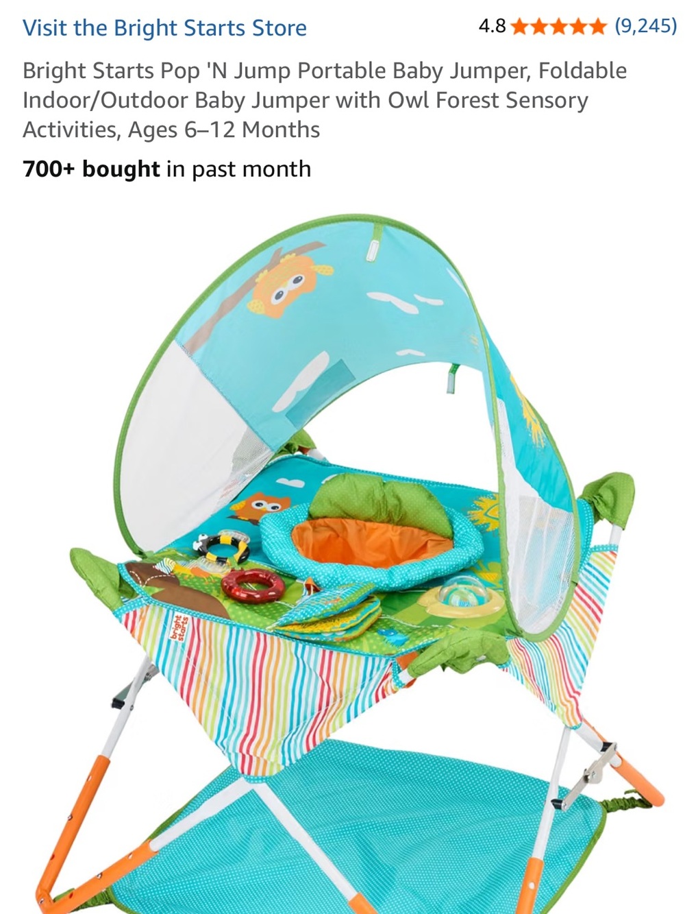 Teal and Green Baby Activity Jumper with Canopy and Sensory Toys